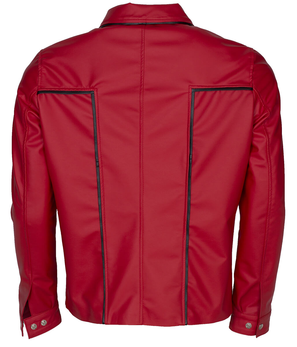 Men Snap Button Piping Detail Casual Red Leather Jacket