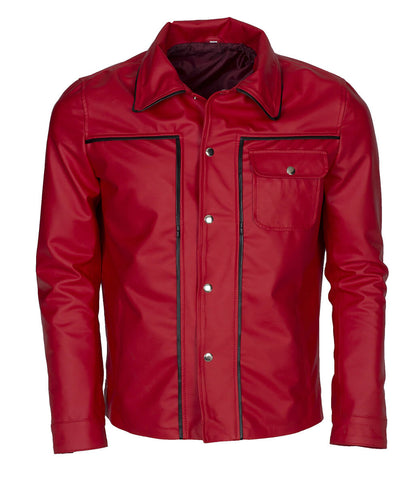 Men Snap Button Piping Detail Casual Red Leather Jacket
