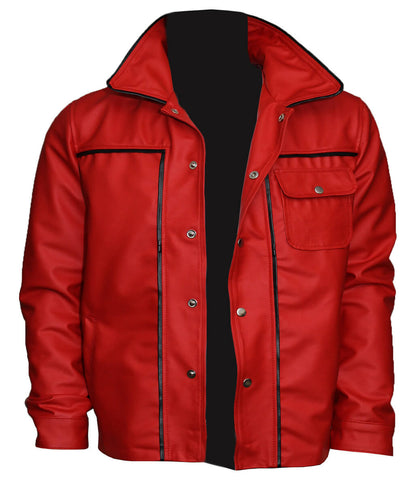 Men Snap Button Piping Detail Casual Red Leather Jacket