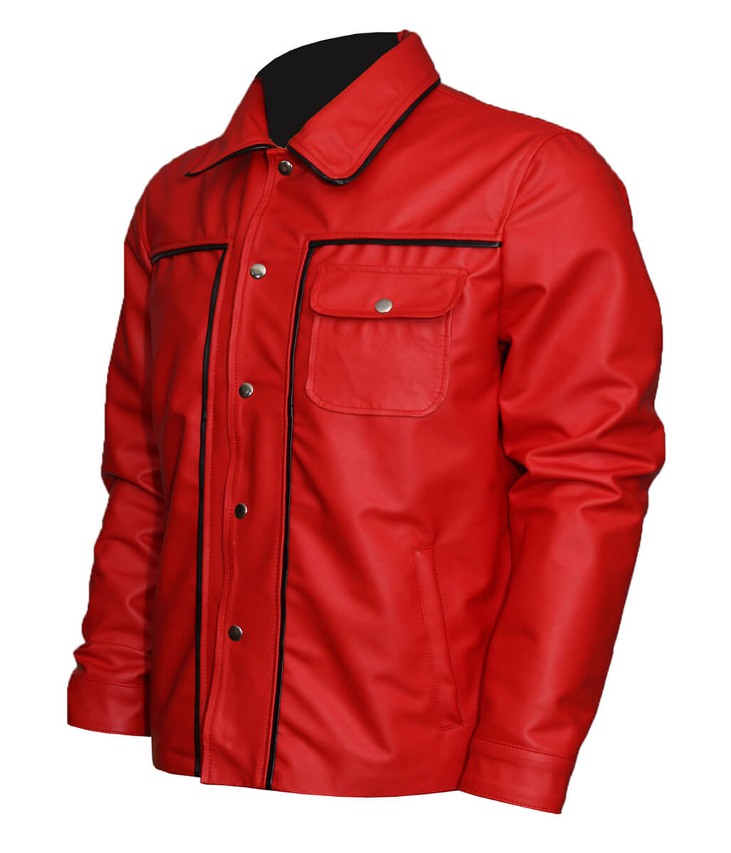 Men Snap Button Piping Detail Casual Red Leather Jacket