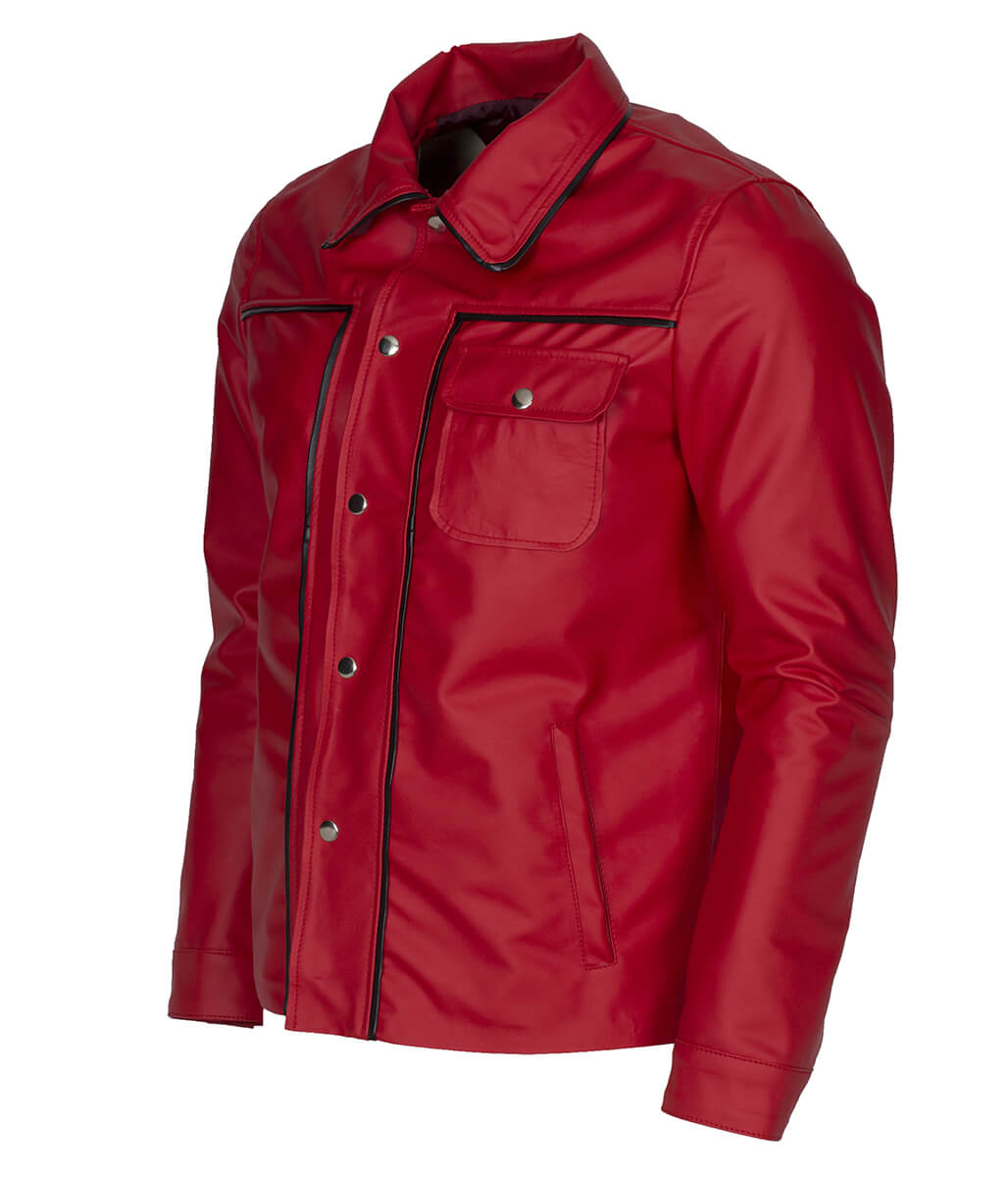 Men Snap Button Piping Detail Casual Red Leather Jacket