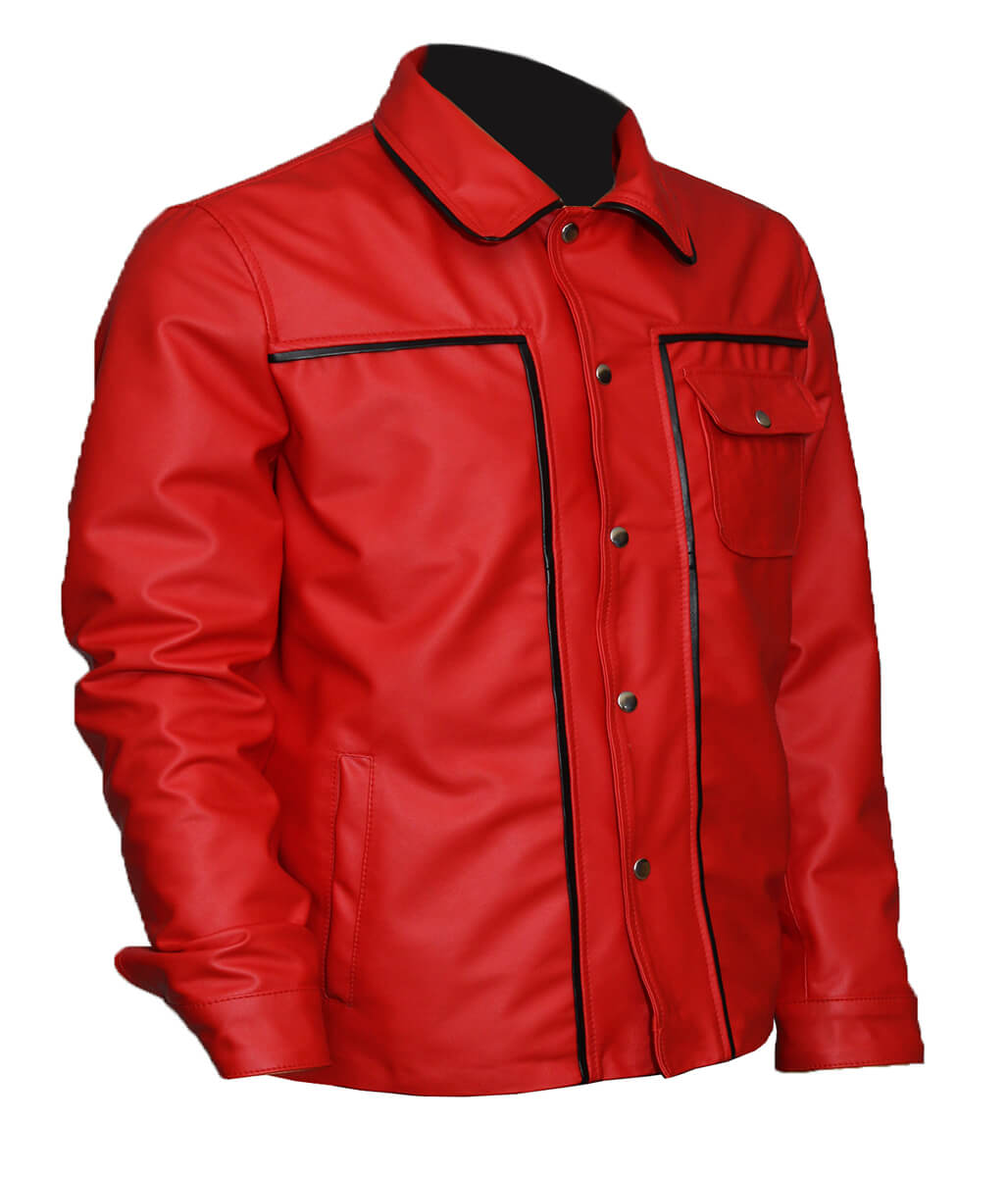 Men Snap Button Piping Detail Casual Red Leather Jacket