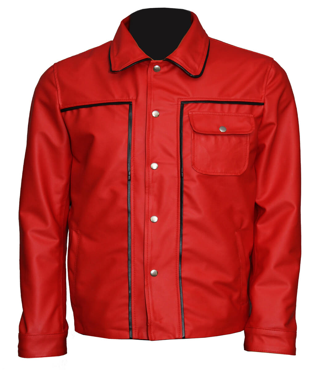 Men Snap Button Piping Detail Casual Red Leather Jacket