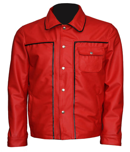 Men Snap Button Piping Detail Casual Red Leather Jacket