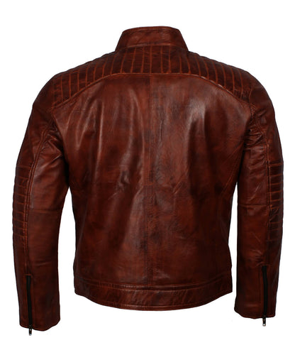 Men Snap Tab Band Collar Padded Waxed Brown Leather Jacket