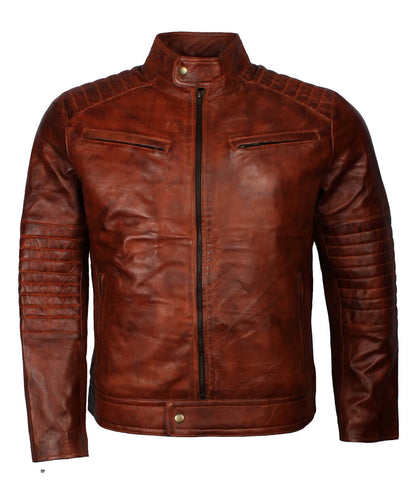 Men Snap Tab Band Collar Padded Waxed Brown Leather Jacket