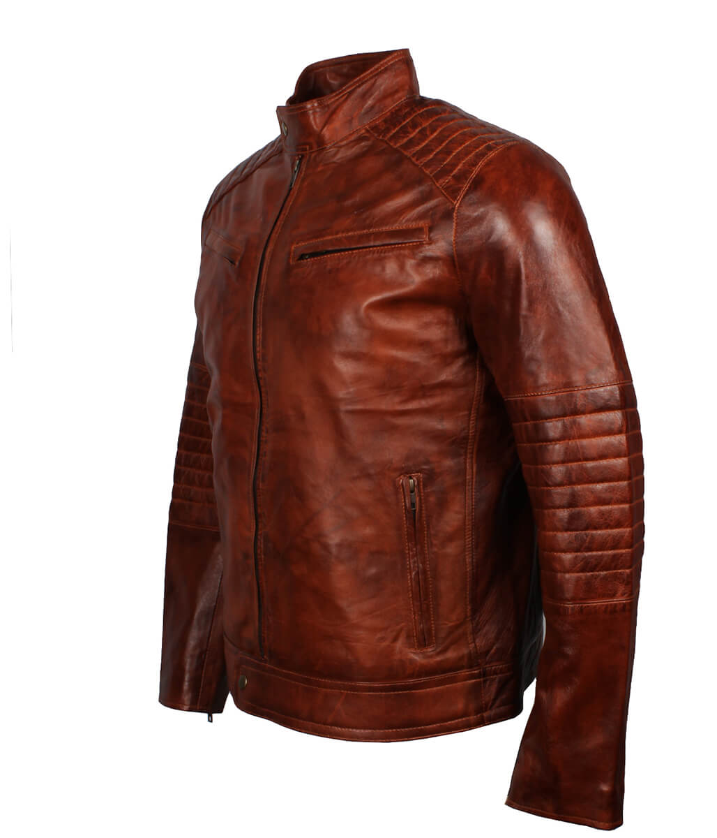 Men Snap Tab Band Collar Padded Waxed Brown Leather Jacket