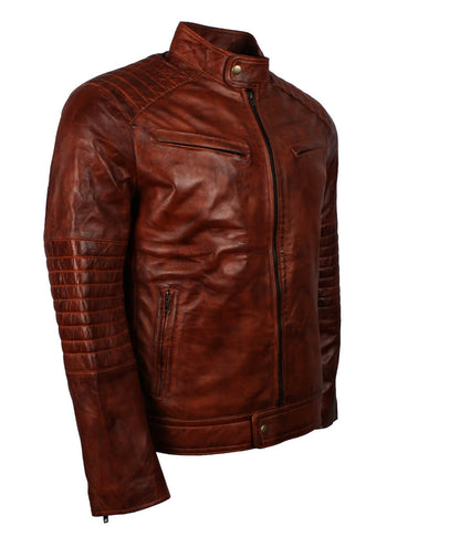 Men Snap Tab Band Collar Padded Waxed Brown Leather Jacket