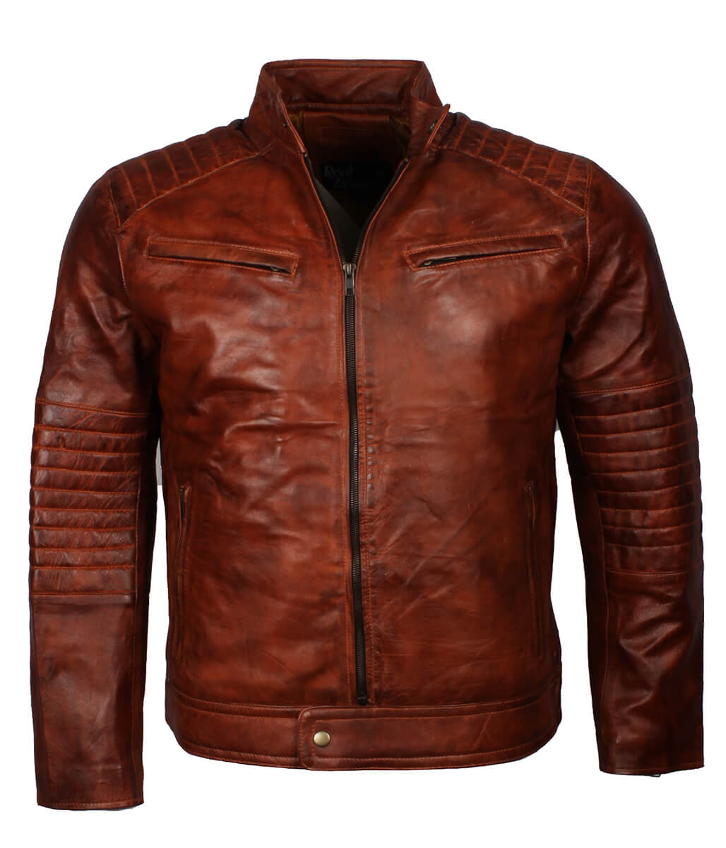 Men Snap Tab Band Collar Padded Waxed Brown Leather Jacket
