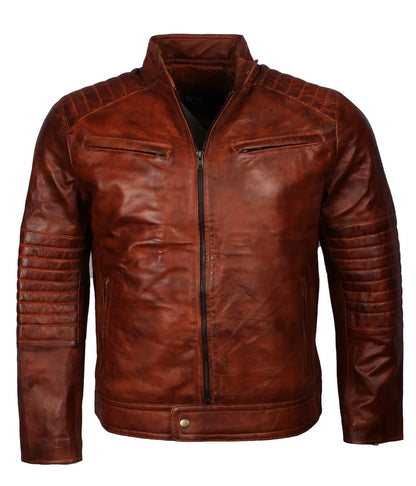 Men Snap Tab Band Collar Padded Waxed Brown Leather Jacket