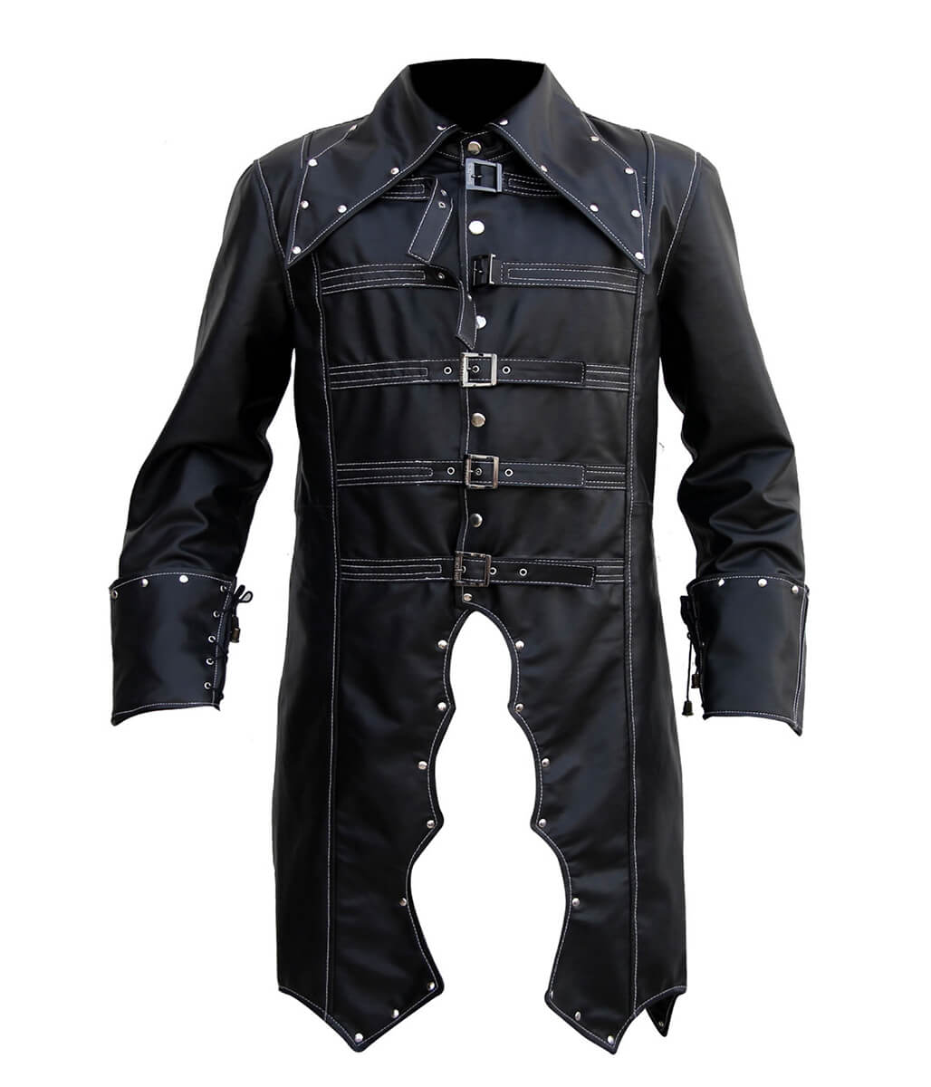 Men Steampunk Gothic Studded Black Trench Coat
