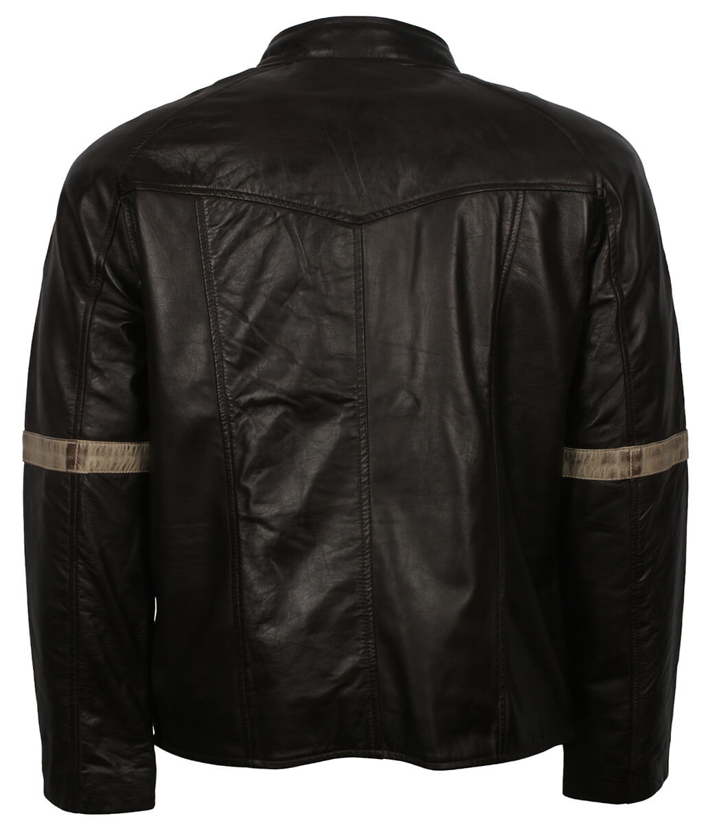 Men Street Style Distressed Beige Arm Striped Black Leather Jacket