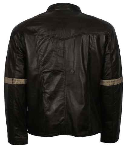 Men Street Style Distressed Beige Arm Striped Black Leather Jacket