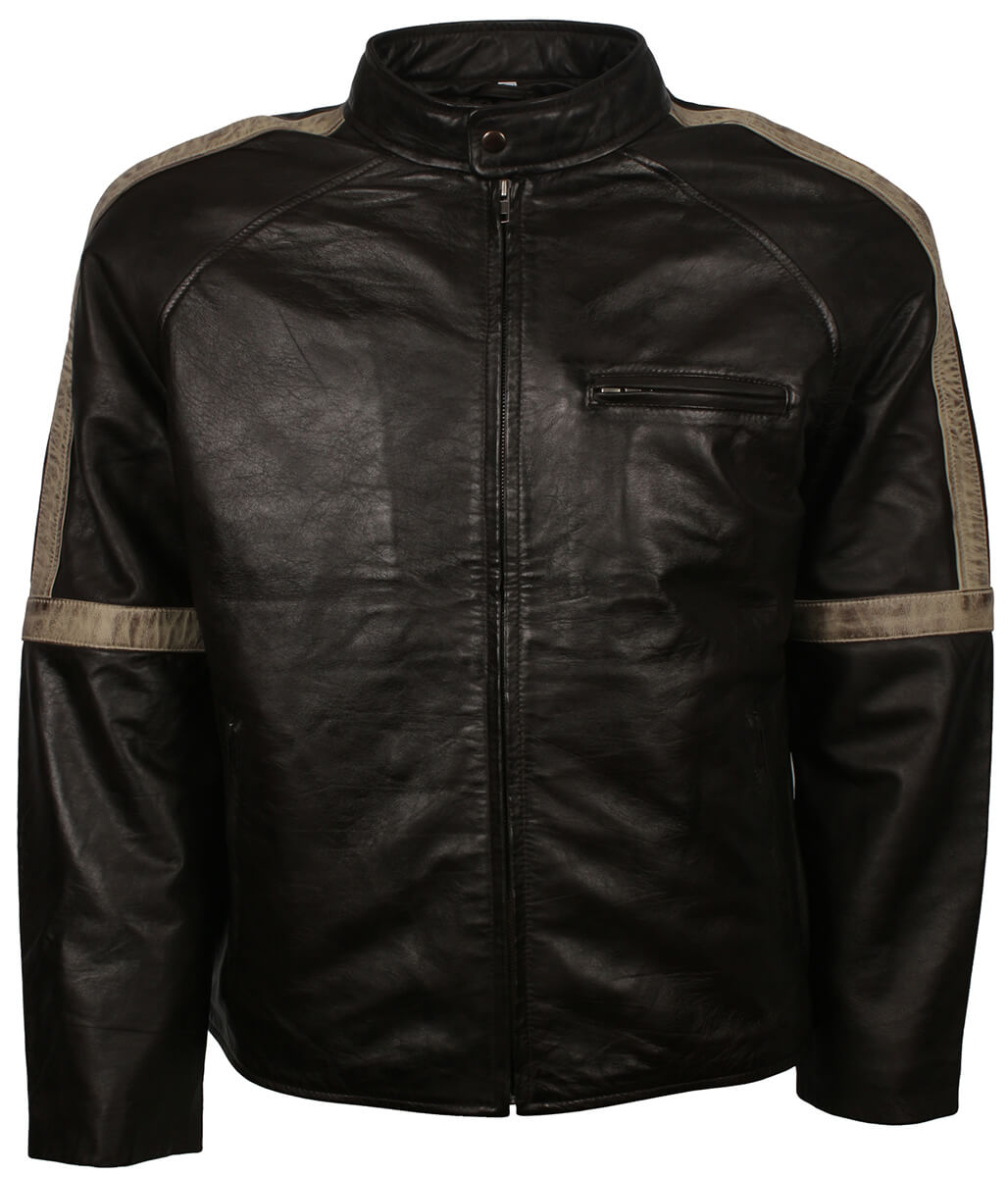 Men Street Style Distressed Beige Arm Striped Black Leather Jacket
