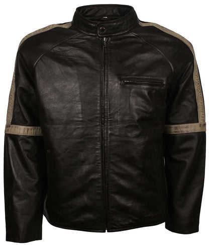 Men Street Style Distressed Beige Arm Striped Black Leather Jacket