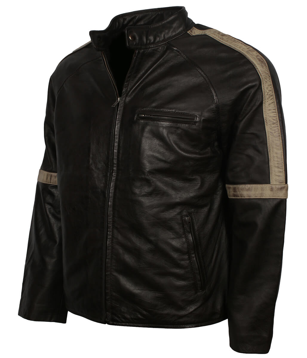 Men Street Style Distressed Beige Arm Striped Black Leather Jacket