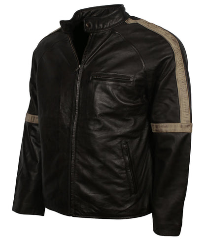 Men Street Style Distressed Beige Arm Striped Black Leather Jacket