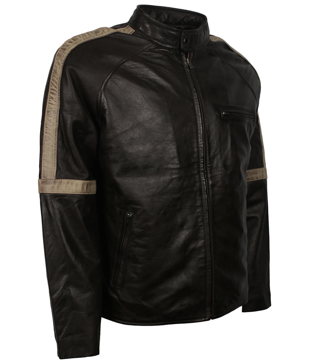 Men Street Style Distressed Beige Arm Striped Black Leather Jacket