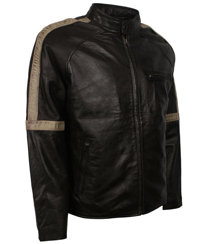 Men Street Style Distressed Beige Arm Striped Black Leather Jacket