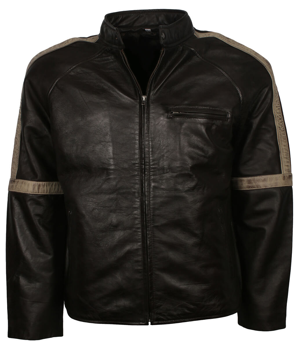 Men Street Style Distressed Beige Arm Striped Black Leather Jacket