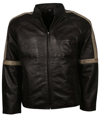 Men Street Style Distressed Beige Arm Striped Black Leather Jacket
