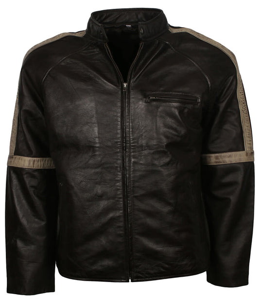 Men Street Style Distressed Beige Arm Striped Black Leather Jacket