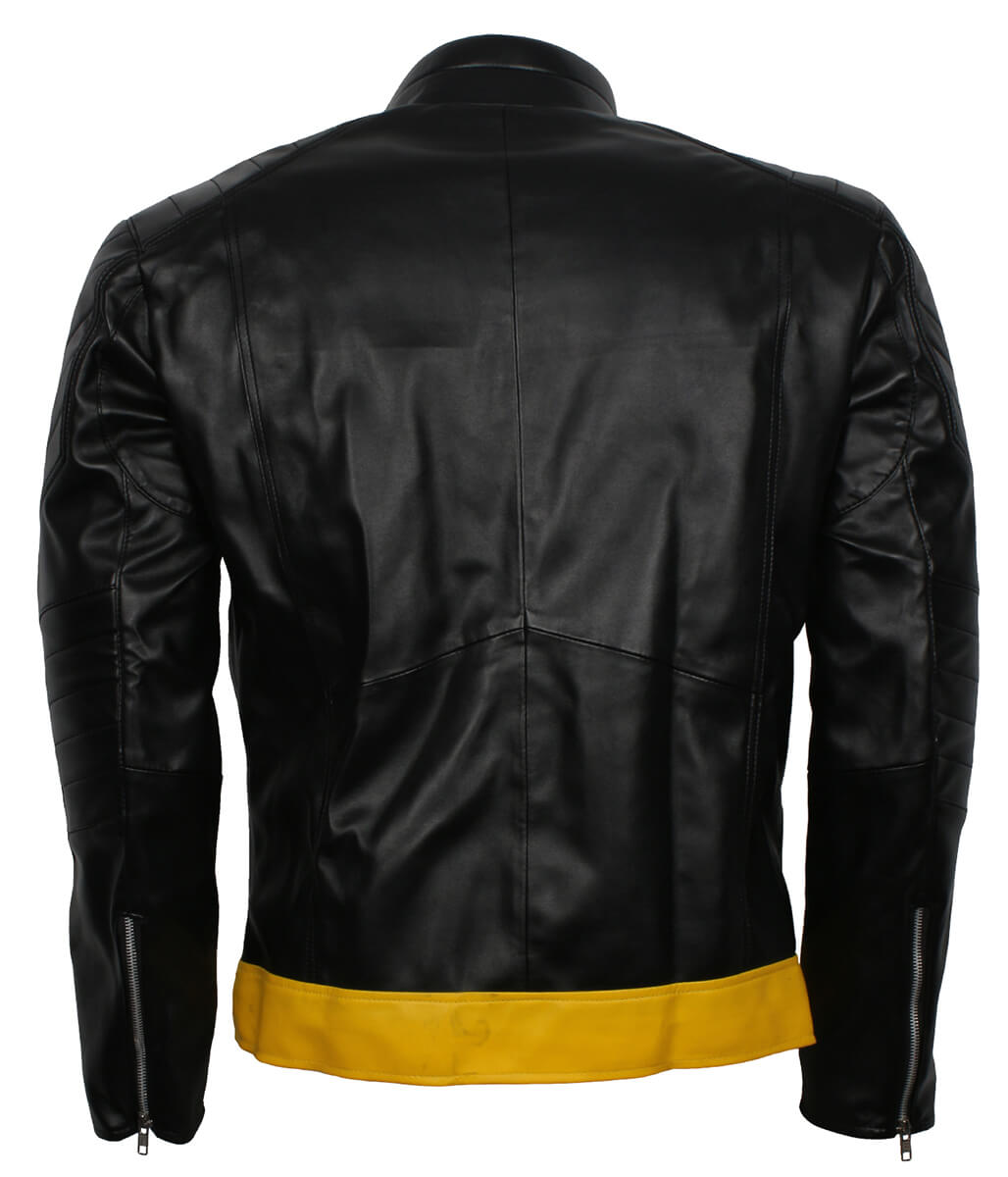 Men Superhero Dragon Patch Black and Yellow Leather Jacket