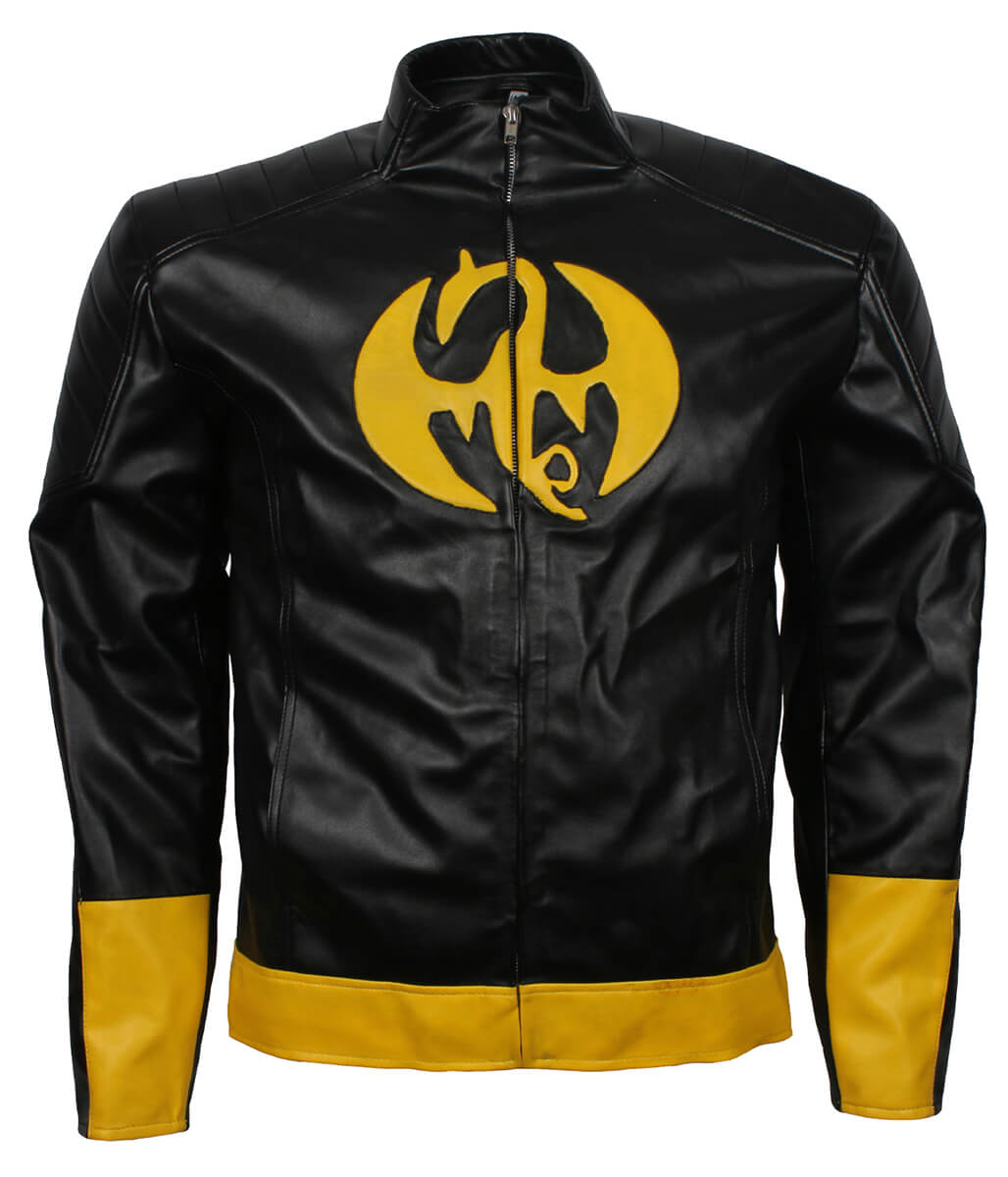 Men Superhero Dragon Patch Black and Yellow Leather Jacket