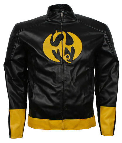 Men Superhero Dragon Patch Black and Yellow Leather Jacket