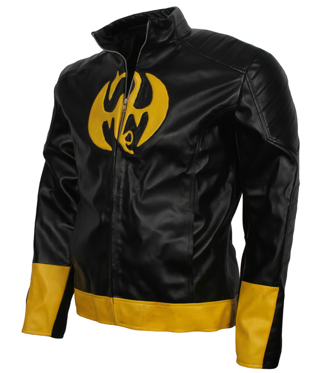 Men Superhero Dragon Patch Black and Yellow Leather Jacket