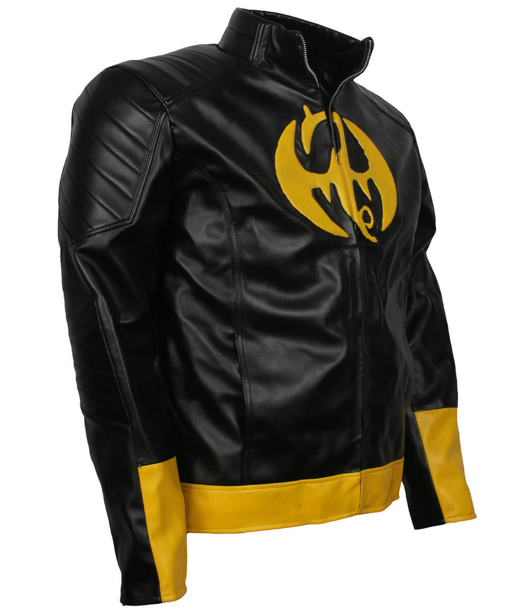 Men Superhero Dragon Patch Black and Yellow Leather Jacket