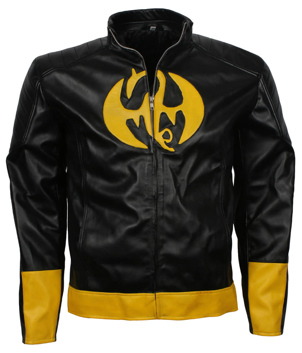 Men Superhero Dragon Patch Black and Yellow Leather Jacket