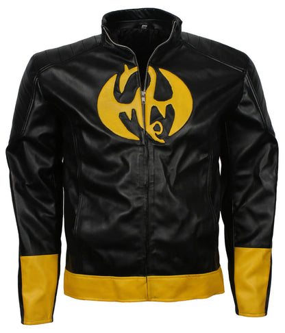 Men Superhero Dragon Patch Black and Yellow Leather Jacket