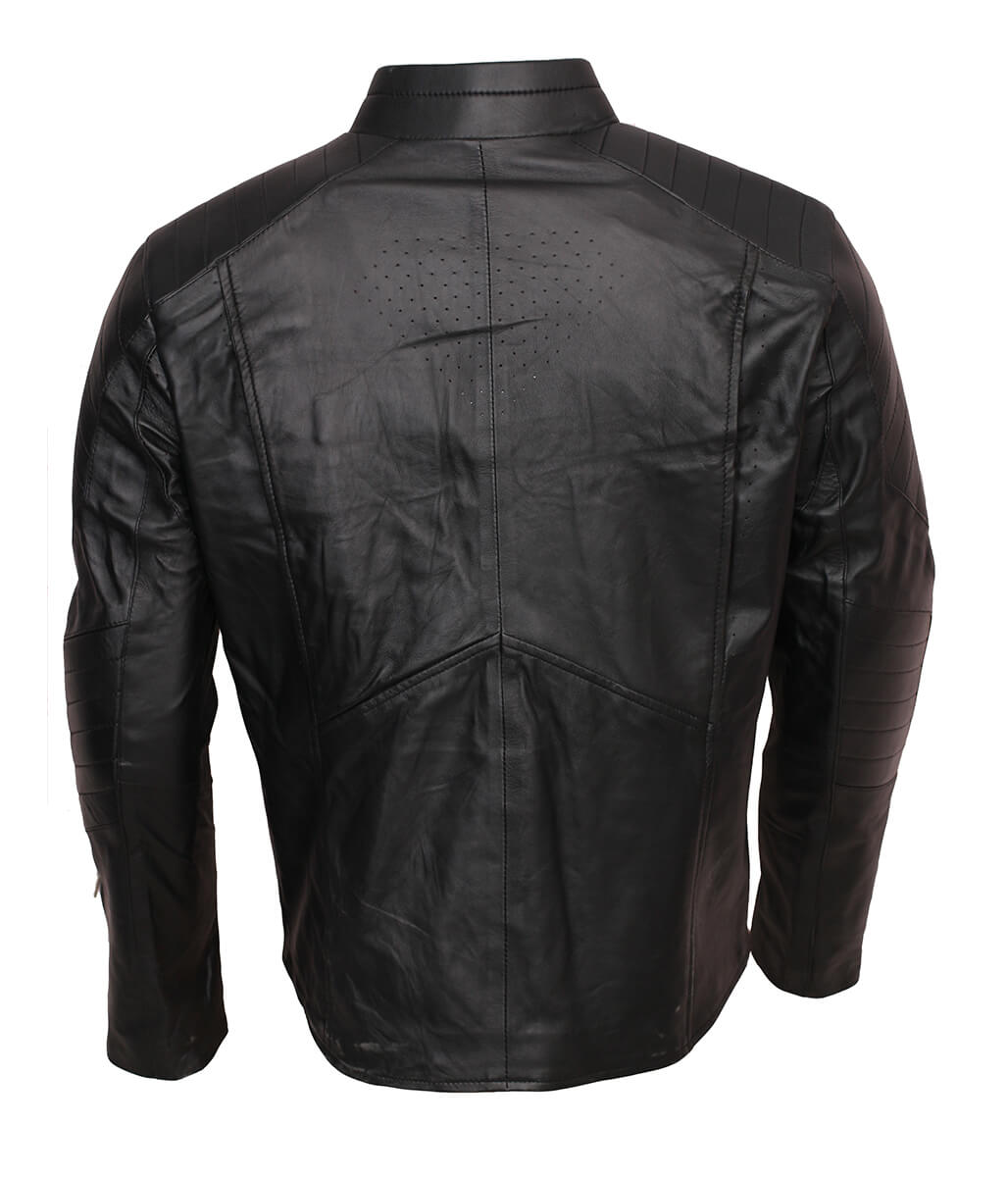 Men Superman Embossed Logo Padded Shoulder Black Leather Jacket 