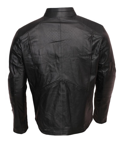 Men Superman Embossed Logo Padded Shoulder Black Leather Jacket 