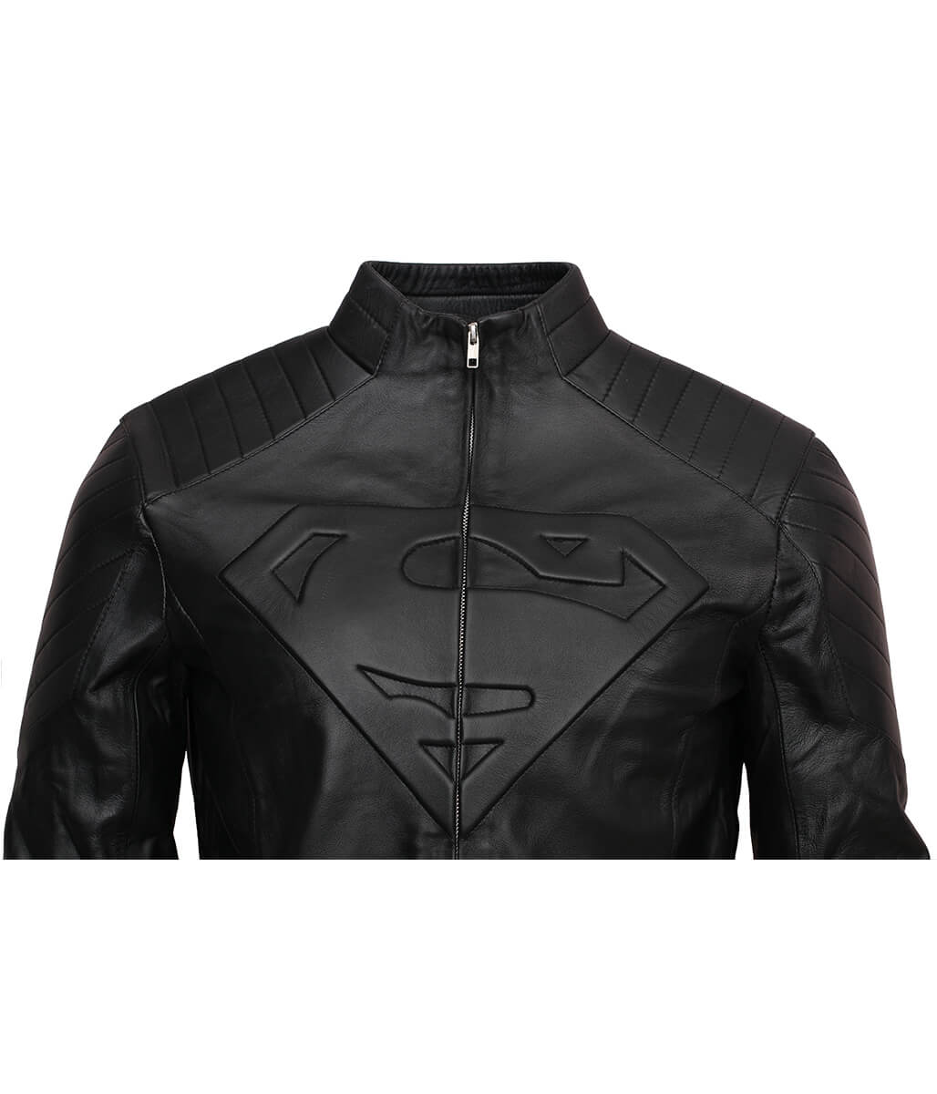 Men Superman Embossed Logo Padded Shoulder Black Leather Jacket 