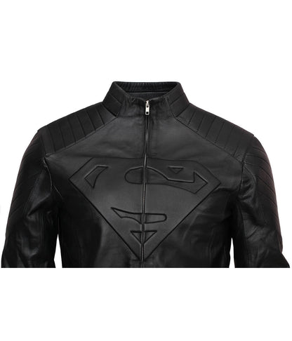 Men Superman Embossed Logo Padded Shoulder Black Leather Jacket 