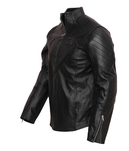 Men Superman Embossed Logo Padded Shoulder Black Leather Jacket 
