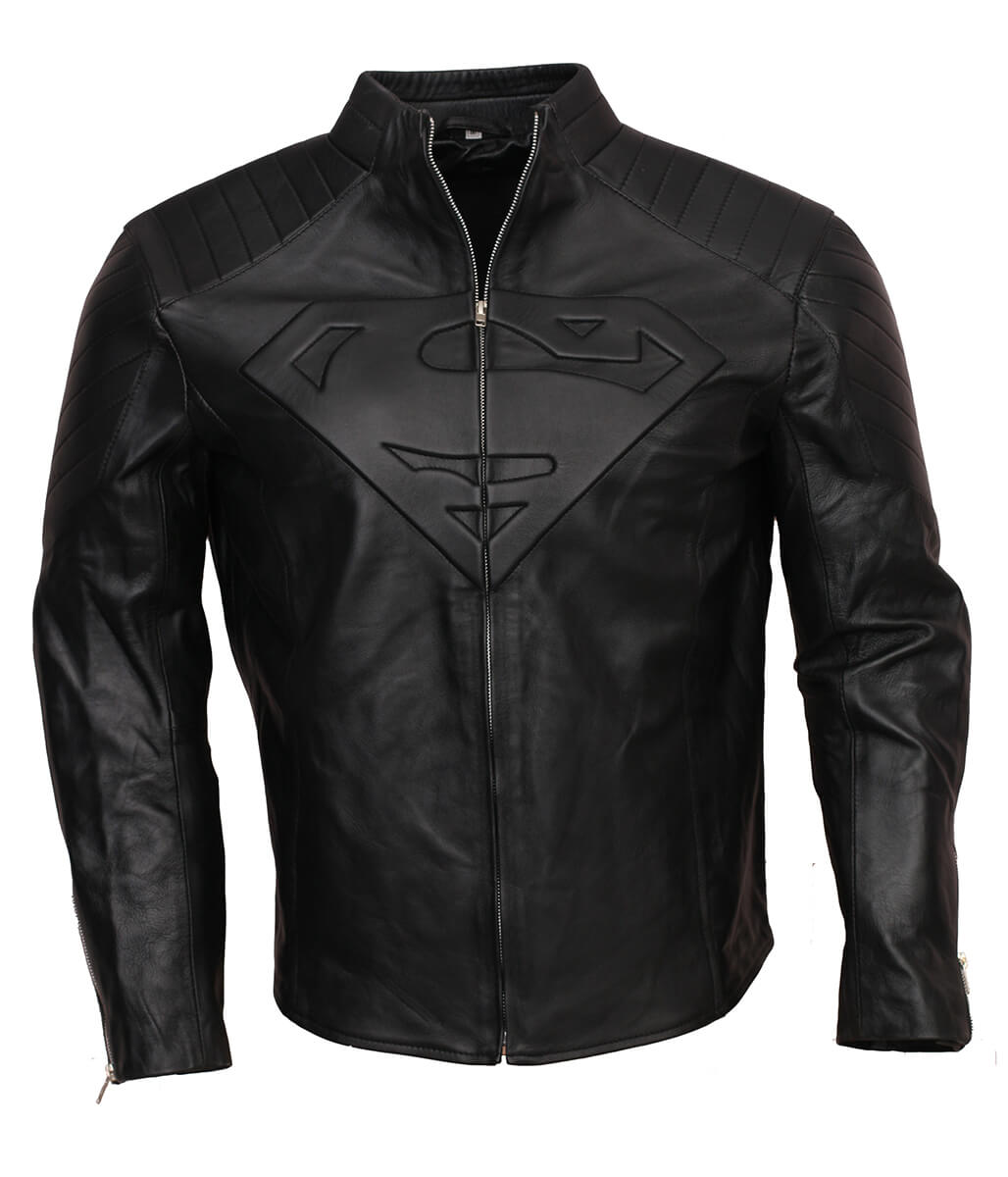 Men Superman Embossed Logo Padded Shoulder Black Leather Jacket 