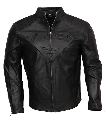 Men Superman Embossed Logo Padded Shoulder Black Leather Jacket 