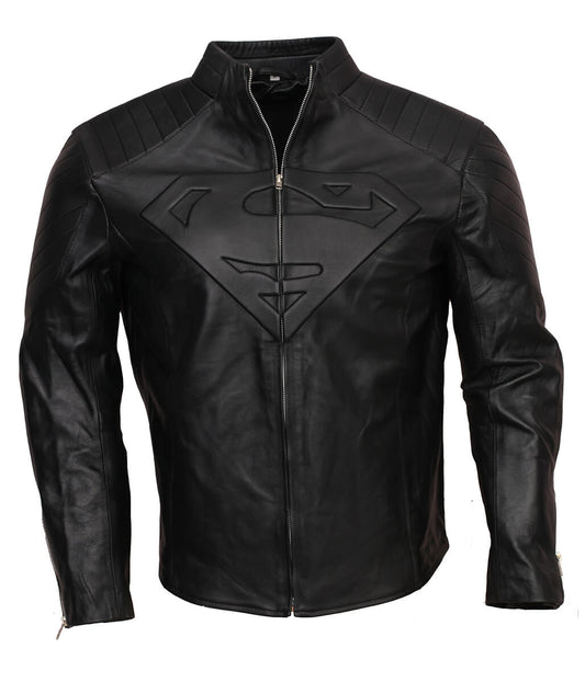 Men Superman Embossed Logo Padded Shoulder Black Leather Jacket 