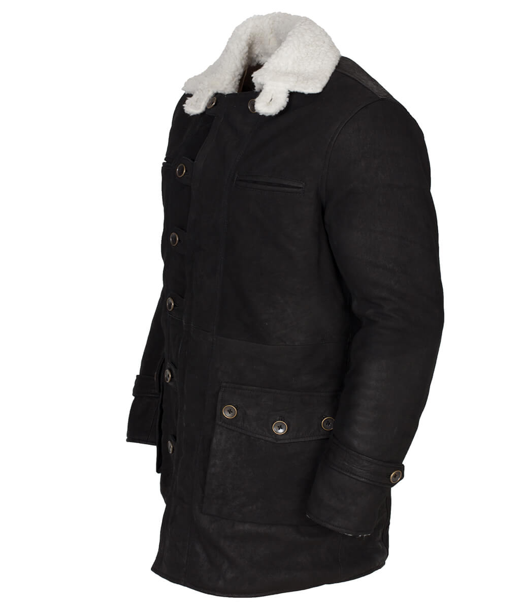 Men The Dark Knight Rises Bane Black Shearling Real Leather Coat