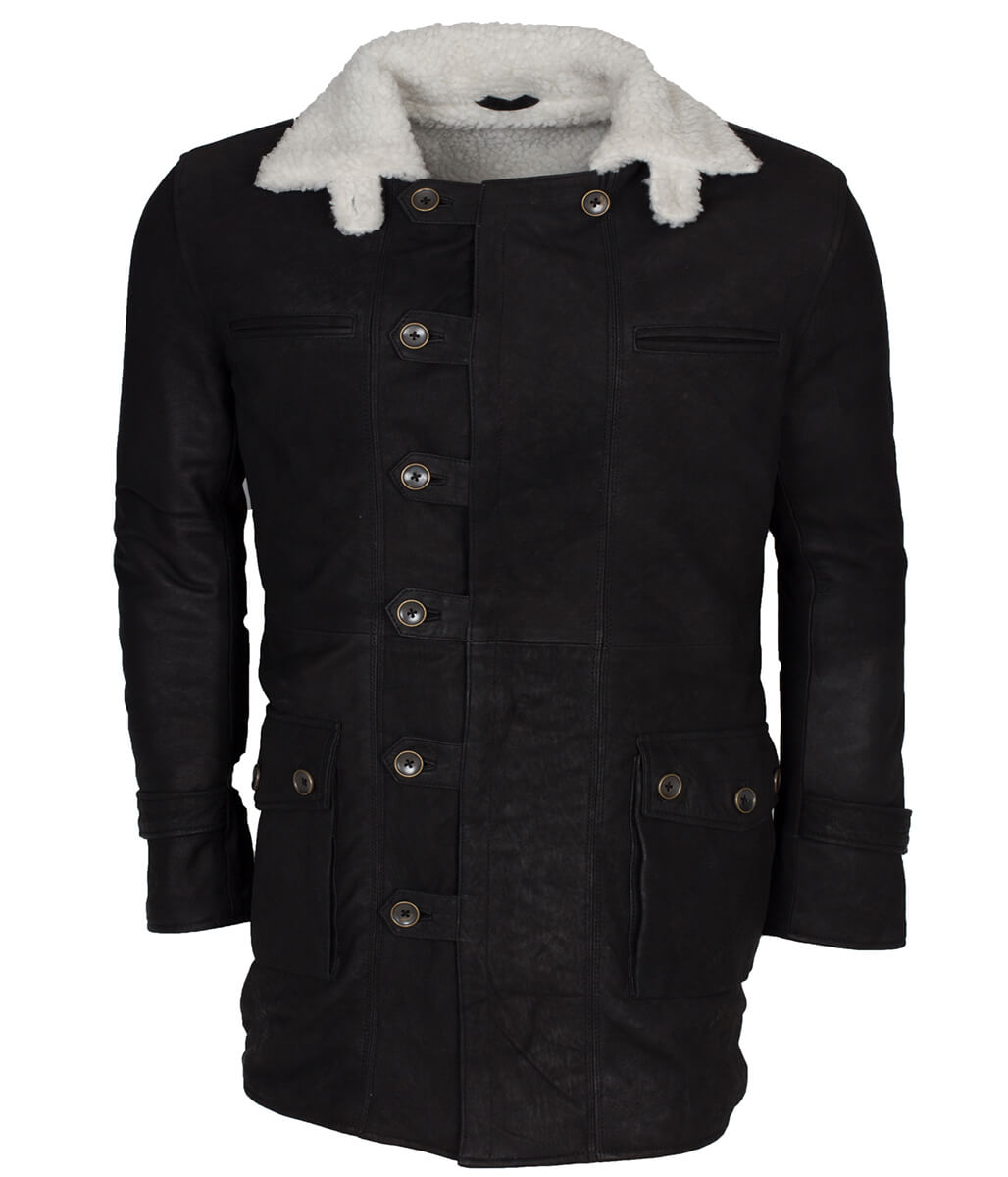 Men The Dark Knight Rises Bane Black Shearling Real Leather Coat