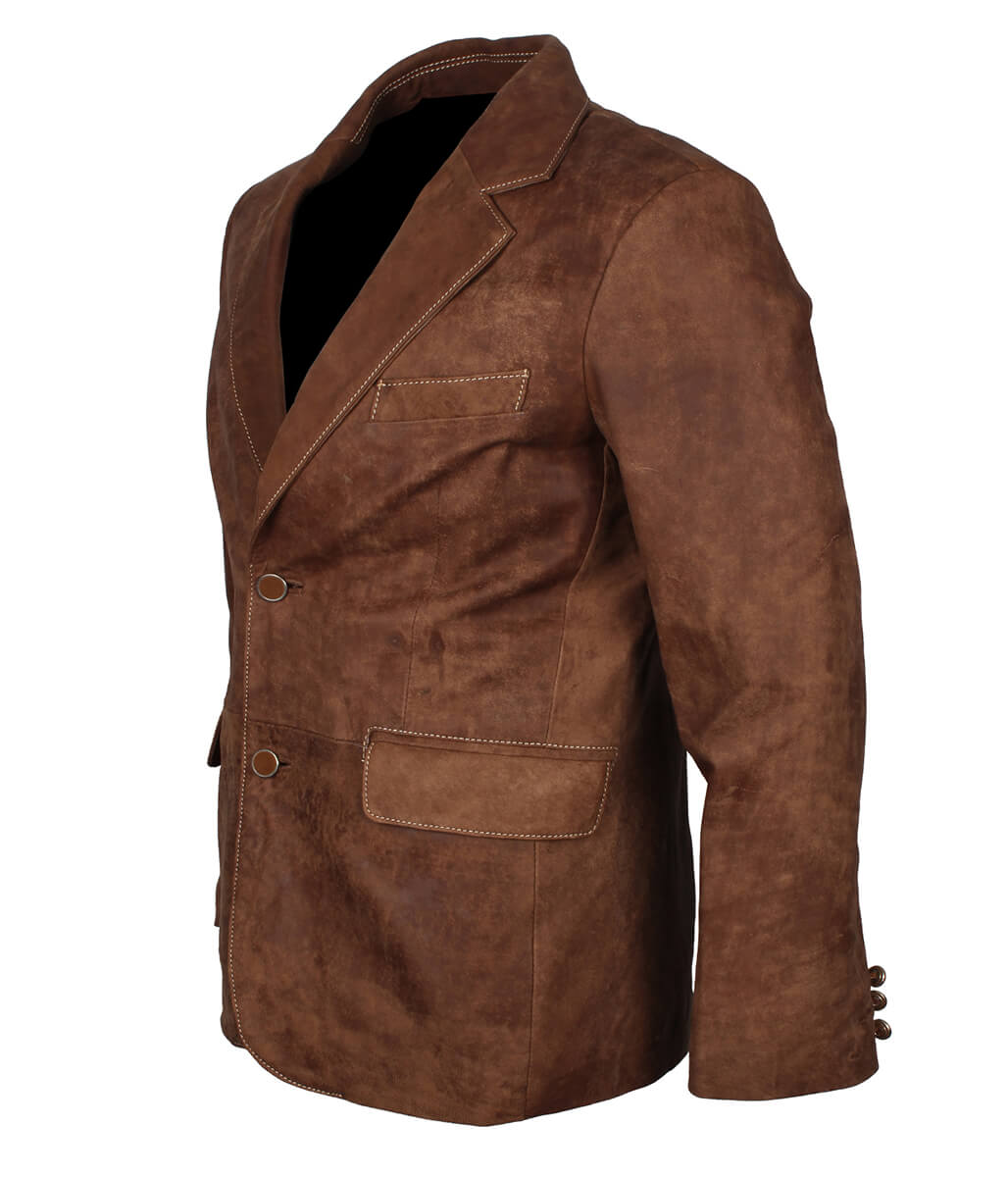 Men Two Button Casual Suede Leather Blazer Brown