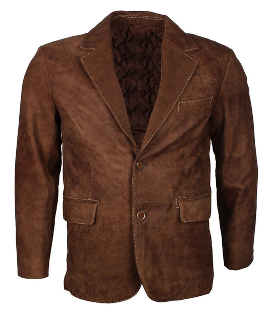 Men Two Button Casual Suede Leather Blazer Brown