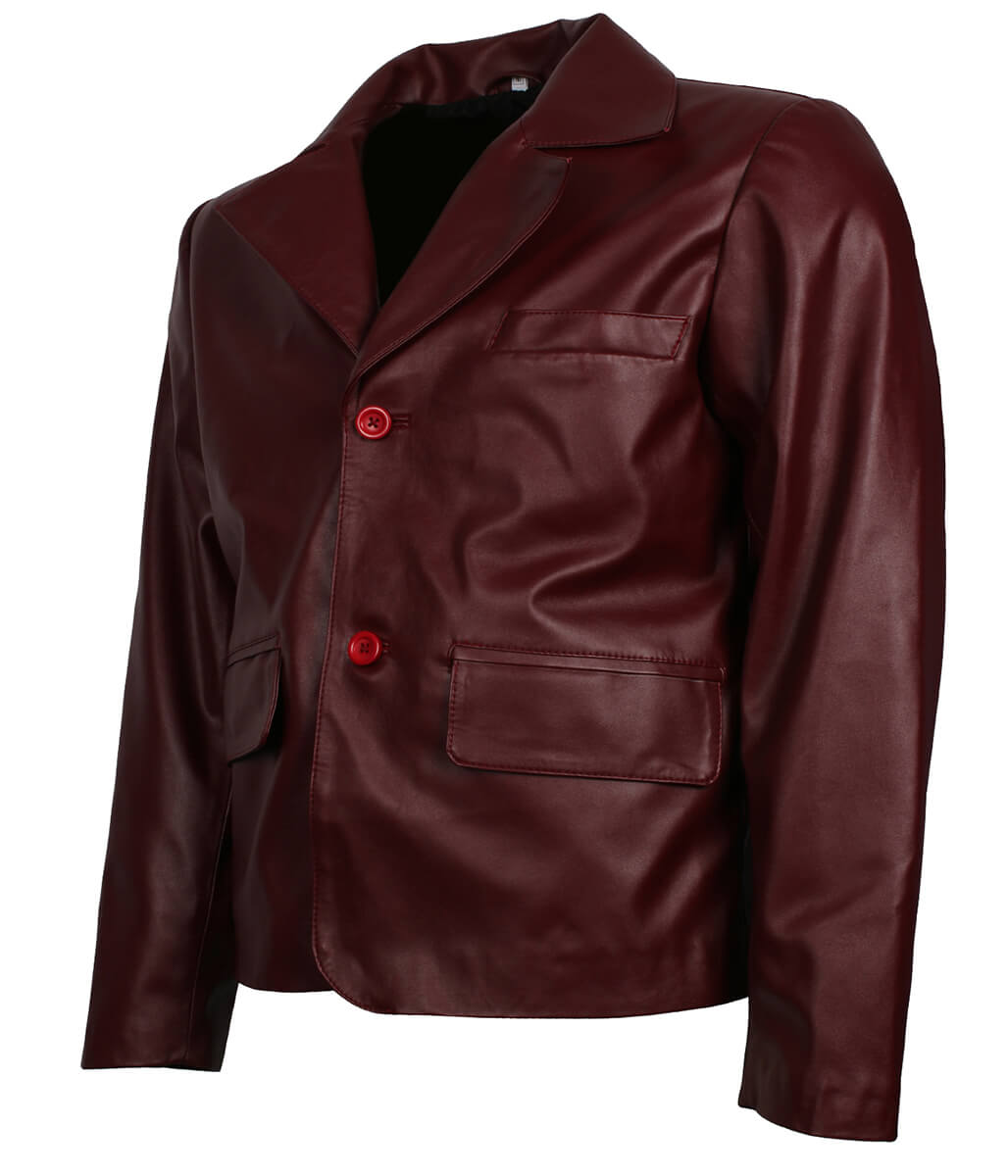 Men Vintage 90 Pop Culture Maroon Leather Blazer Jacket