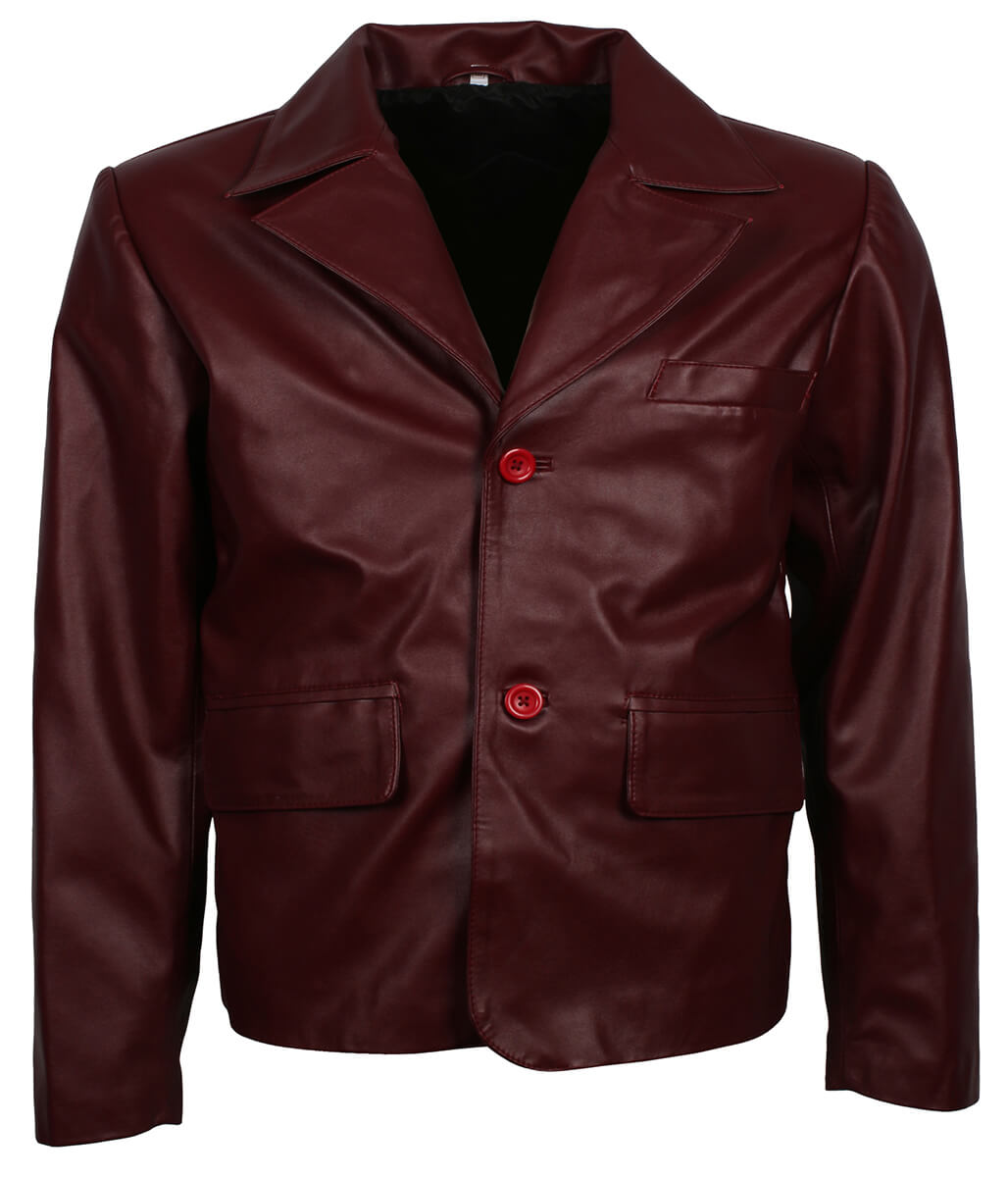Men Vintage 90 Pop Culture Maroon Leather Blazer Jacket