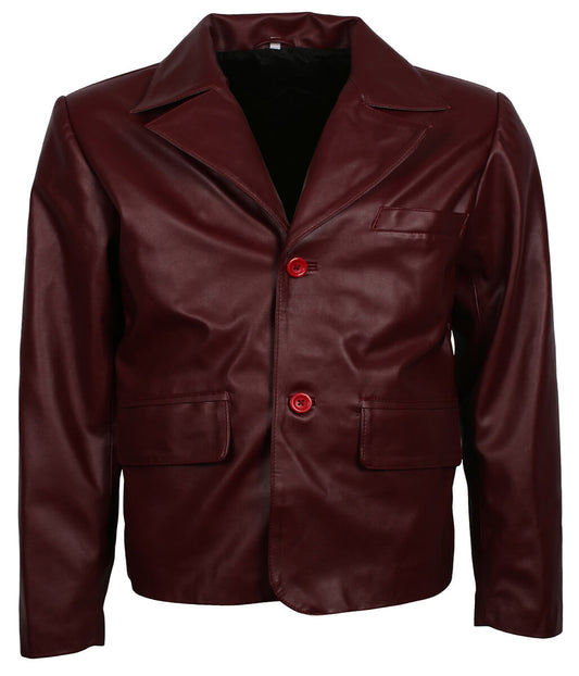 Men Vintage 90 Pop Culture Maroon Leather Blazer Jacket