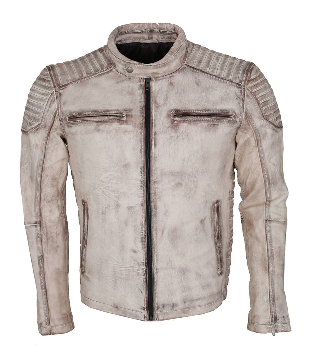 Men Vintage Biker Style Quilted Distressed Leather Jacket Off White