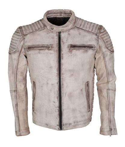 Men Vintage Biker Style Quilted Distressed Leather Jacket Off White